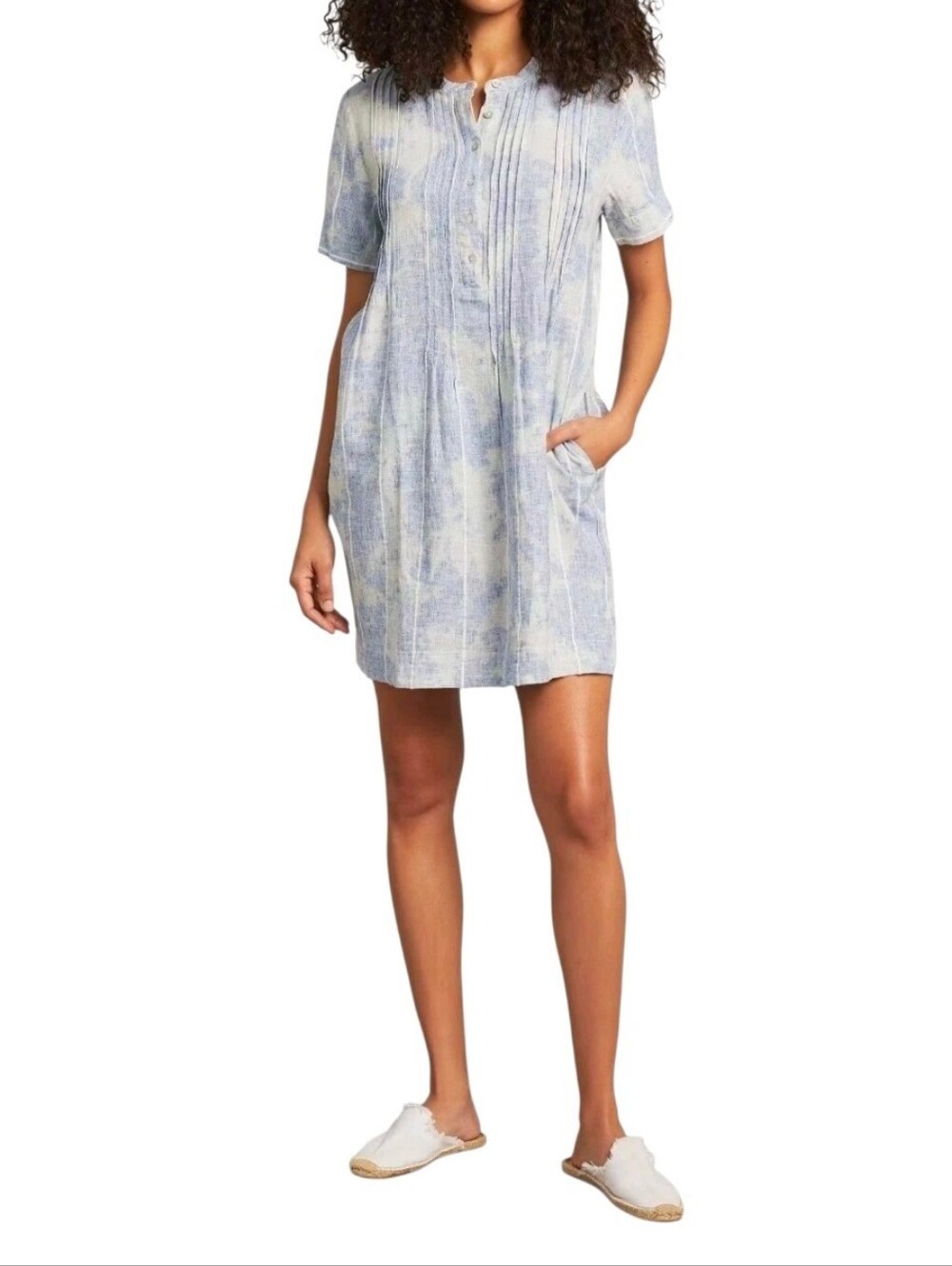 Faherty Gemina 55%  linen dress blue sky tie-dye pattern Dress Sz Meduim